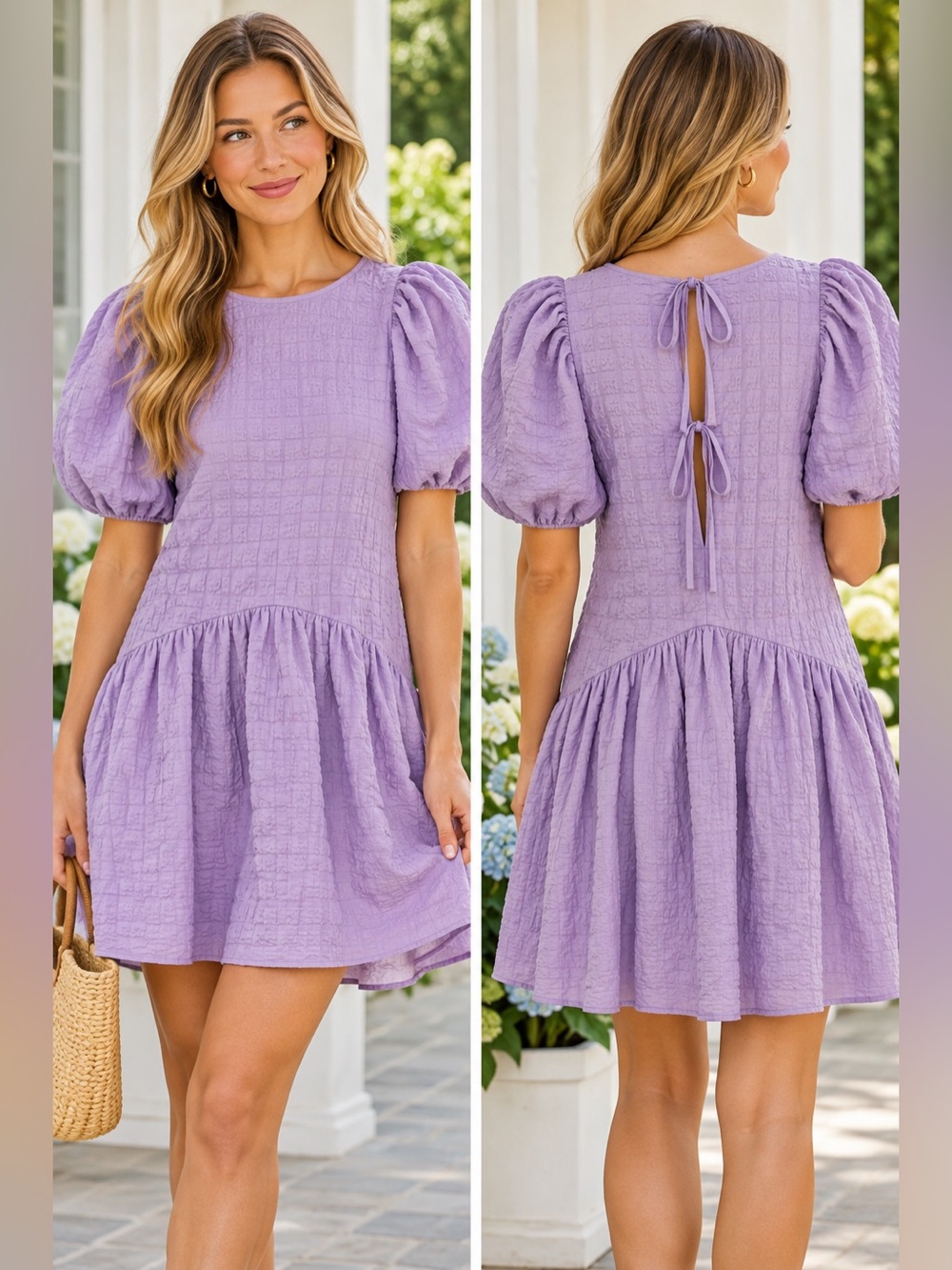 English Factory Lavender Textured Puff Sleeve Tie Back Mini Dress Size Medium